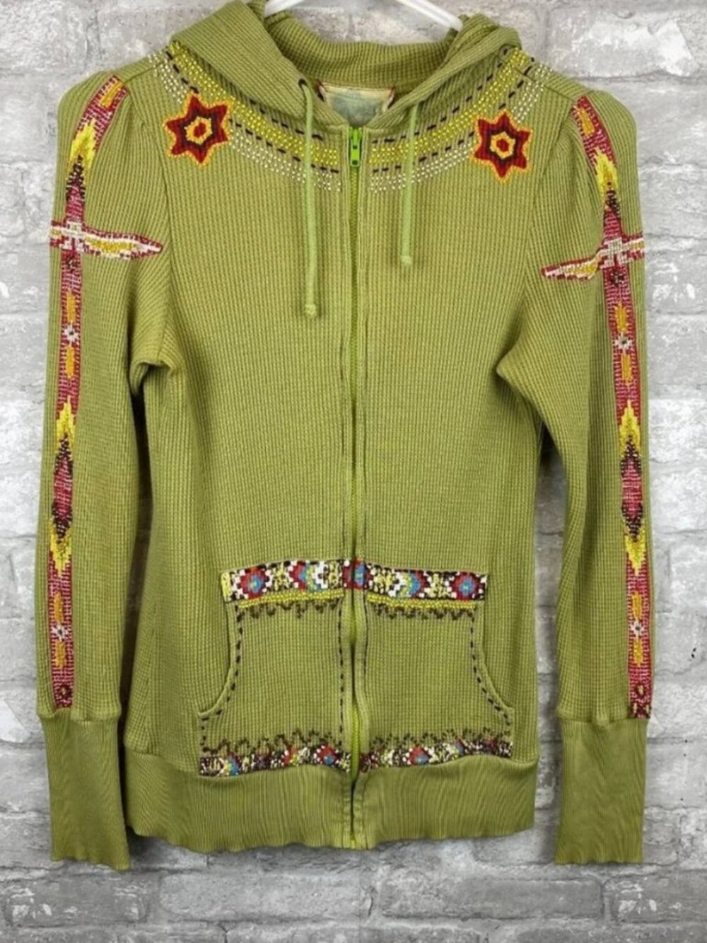 RARE Free People Green embroidered & Beaded Full-Zip Light Hoodie XS